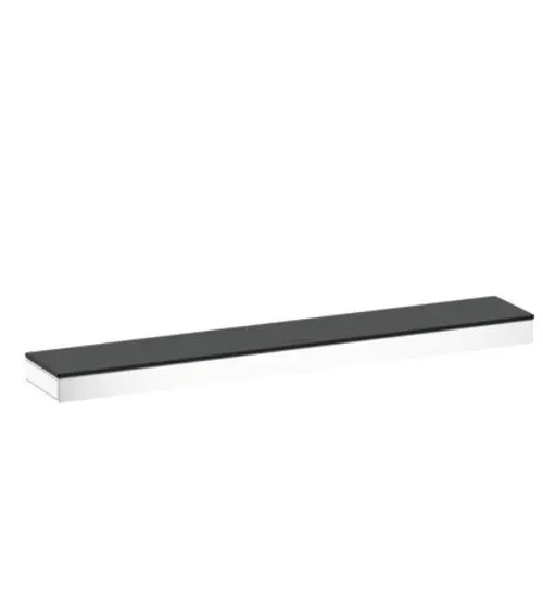 Schwarze Ablage von Hansgrohe mit gerader, schmaler Form und glatter Oberfläche, angebracht an einer weißen Wand.